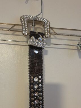 Rhinestone Buckle Embellished Brown Leather Belt